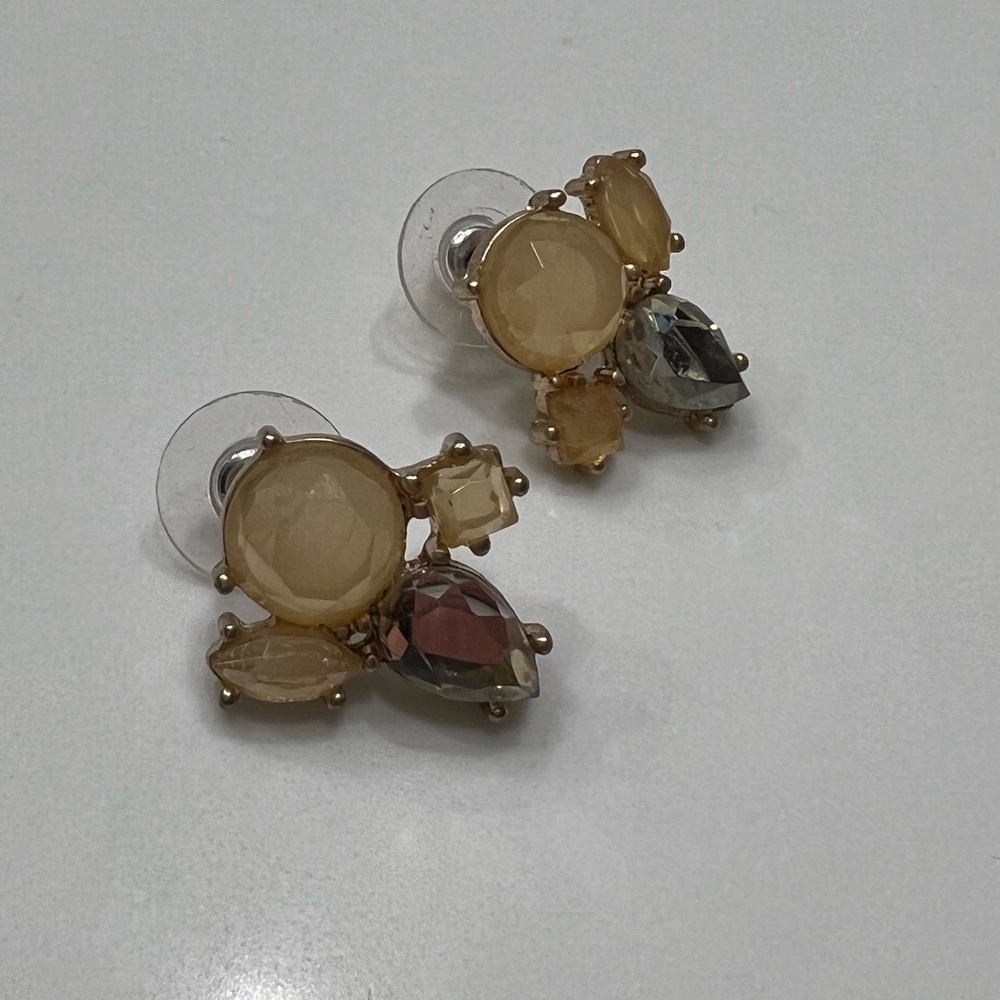 Tan Rhinestone Multi-Faceted Bead Stud Antique Gold Earrings
